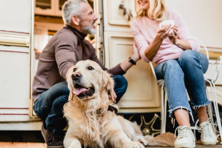 Couple sitting outside their RV with their golden retriever 